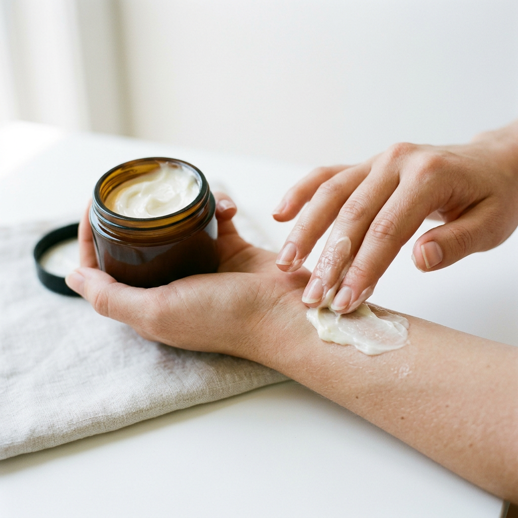 In-use shot — hands applying arnica butter